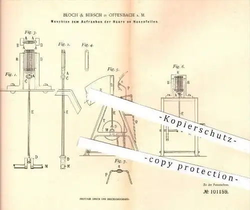 original Patent - Bloch & Hirsch in Offenbach / Main , 1897 , Aufrauhen der Haare an Hasenfell , Hase , Hasen , Scheren