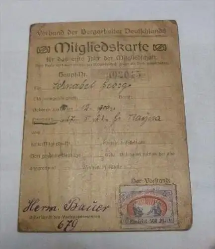 Bergbau - Ausweis 1923 , Georg Schnabel in Großkayna b. Braunsbedra , H. Bauer Mitgliedskarte , Bedra , Braunsdorf !!!