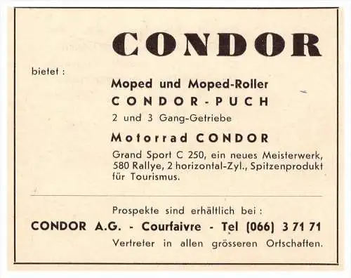 Werbung / Reklame - Courfaivre , Condor-Puch 1961 , Motorrad , Anzeige !!!