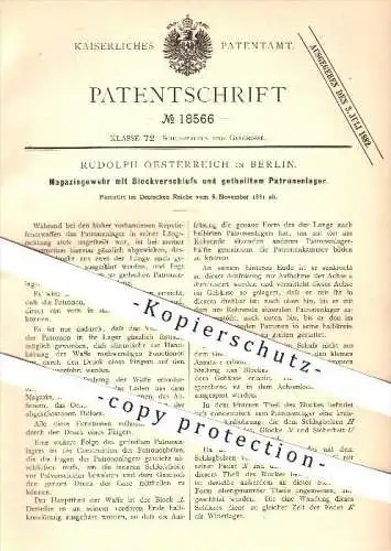 original Patent - R. Oesterreich , Berlin , 1881 , Magazingewehr mit Blockverschluss u. geteiltem Patronenlager , Gewehr