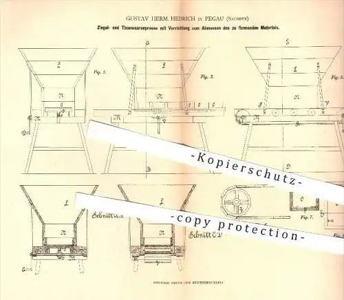 original Patent - Gustav H. Hedrich , Pegau , 1880 , Ziegelpresse u. Tonwarenpresse , Presse , Pressen , Ziegel , Ton !!