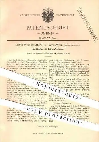 original Patent - Louis Wechselmann , Kattowitz , Oberschlesien , 1882 , Schlittschuh mit 3 Laufschienen , Schlittschuhe