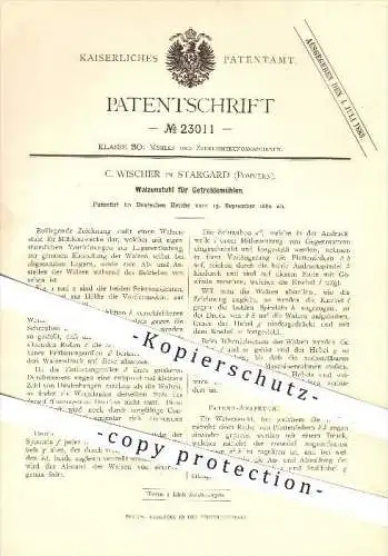 original Patent - C. Wischer in Stargard , Pommern , 1882 , Walzenstuhl für Getreide - Mühlen , Mühle , Müller , Walzen