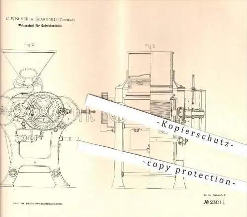 original Patent - C. Wischer in Stargard , Pommern , 1882 , Walzenstuhl für Getreide - Mühlen , Mühle , Müller , Walzen