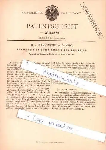 Original Patent - H. E. Pfannenstiel in Danzig , 1887 , Signalwesen !!!