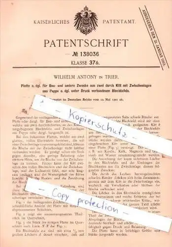 Original Patent - Wilhelm Antony in Trier , 1901 , Platte o. dgl. für Bau- und andere Zwecke !!!