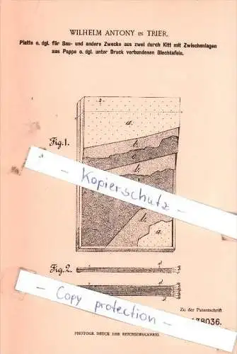 Original Patent - Wilhelm Antony in Trier , 1901 , Platte o. dgl. für Bau- und andere Zwecke !!!