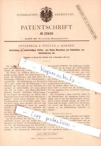Original Patent - Opterbeck & Ziegler in Barmen b. Wuppertal , 1882 , Stifte- und Nieten-Maschinen !!!