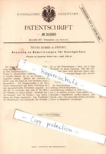 Original Patent - Franz Kober in Erfurt , 1883 , Numerirzange für Kunstgärtner , Gärtnerei , Gärtner !!!
