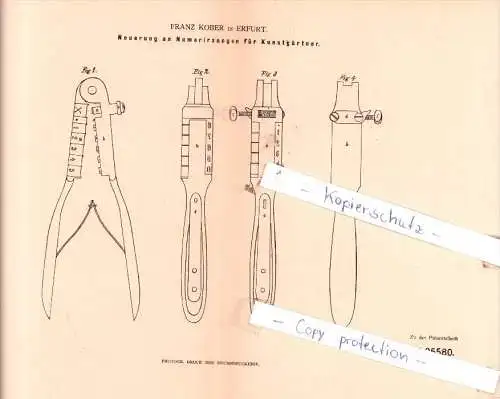 Original Patent - Franz Kober in Erfurt , 1883 , Numerirzange für Kunstgärtner , Gärtnerei , Gärtner !!!