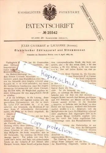 Original Patent - J. Cauderay in Lausanne , Schweiz , 1883 , Zählapparat und Strommesser !!!