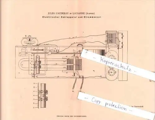 Original Patent - J. Cauderay in Lausanne , Schweiz , 1883 , Zählapparat und Strommesser !!!