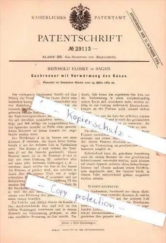 Original Patent - Reinhold Flosky in Sagan ,1884 , Gasbrenner mit Vorwärmung des Gases !!!