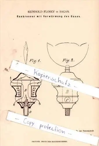 Original Patent - Reinhold Flosky in Sagan ,1884 , Gasbrenner mit Vorwärmung des Gases !!!