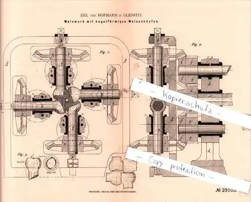 Original Patent - Ziel und Hofmann in Gleiwitz , 1883 , Walzwerk mit kugelförmigen Walzenköpfen !!!