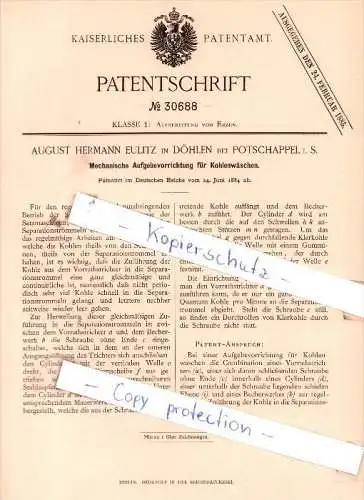 Original Patent -  A. H. Eulitz in Döhlen bei Potschappel / Freital i.S. , 1884 ,  Aufgabevorrichtung für Kohlenwäschen