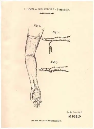 Original Patent - J. Horn in Busendorf / Bouzonville i. Lothringen , 1897 , Gants pour femmes , mode !!!