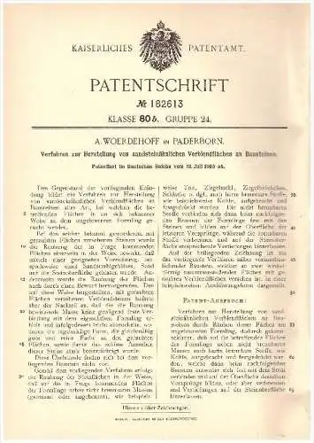 Original Patent - A. Woerdehoff in Paderborn , 1905 , Sandsteinähnliche Steine , Sandstein , Bau , Maurer !!!