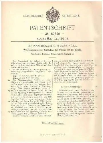 Original Patent - Johann Höschler in Worringen b. Köln , 1906 , Wäscheklammer für Bleiche , Wäsche , Wäscherei !!!