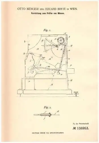 Original Patent - Otto Mengele und E. Berté in Wien ,1902, Apparat zum Prüfen von Münzen , Geld , Sparkasse , Münzprüfer