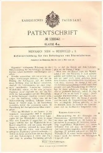 Original Patent - Hermann Nier in Beierfeld i.S., 1902 , Sturmlaterne , Laterne , Leuchte , Grünhain-Beierfeld  !!!