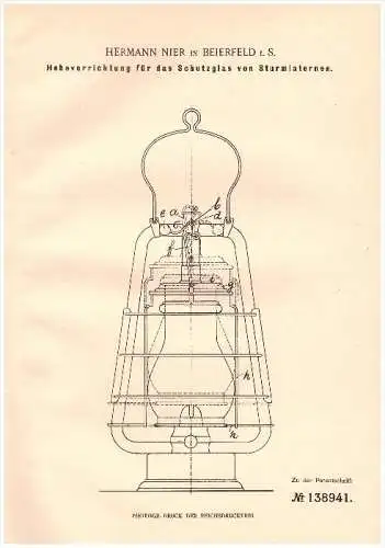 Original Patent - Hermann Nier in Beierfeld i.S., 1902 , Sturmlaterne , Laterne , Leuchte , Grünhain-Beierfeld  !!!