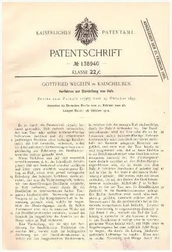 Original Patent - G. Wegelin in Kalscheuren b. Hürth , 1902 , Darstellung von Ruß , Teer !!!