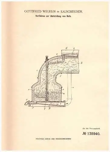 Original Patent - G. Wegelin in Kalscheuren b. Hürth , 1902 , Darstellung von Ruß , Teer !!!