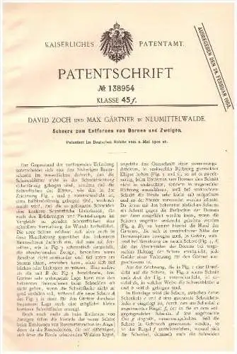 Original Patent - D. Zoch und Max Gärtner in Neumittelwalde , 1902 , Scheere für Dornen , Pflanzen , Mi&#281;dzybórz !!!