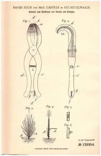Original Patent - D. Zoch und Max Gärtner in Neumittelwalde , 1902 , Scheere für Dornen , Pflanzen , Mi&#281;dzybórz !!!