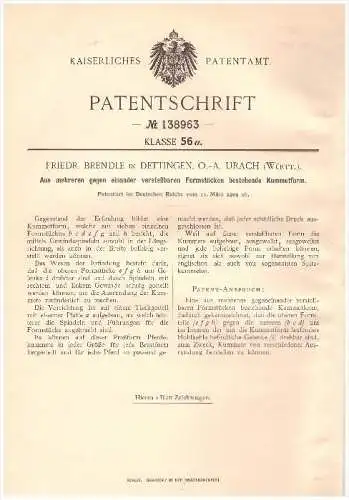 Original Patent - F. Brendle in Dettingen a.d. Erms , 1902 , Kummetform , Maschinenbau , O.-A. Urach !!!