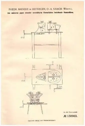 Original Patent - F. Brendle in Dettingen a.d. Erms , 1902 , Kummetform , Maschinenbau , O.-A. Urach !!!