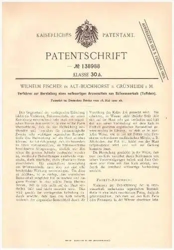 Original Patent - Wilhelm Fischer in Alt Buchhorst b. Grünheide i. Mark , 1902 , Herstellung seifenartiger Arznei !!