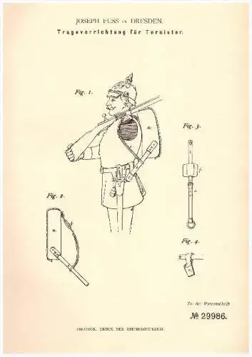 Original Patent - Joseph Fuss in Dresden , 1884 , Tornister - Tragevorrichtung , Armee , Soldat , Soldaten !!!