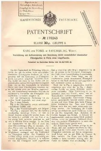 Original Patent - Karl zum Tobel in Ravensburg , Württemberg , 1904 , Flasche für zersetzliche, chemische Flüssigkeiten