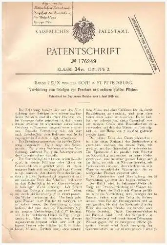 Original Patent - Baron Felix von der Ropp in St. Petersburg , 1905 , Fenster - Reinigungsvorrichtung , Russland !!!