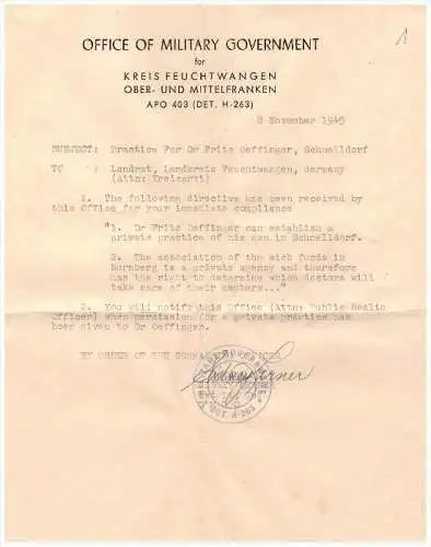 seltenes Dokument des Militär-Gouvernement 1945 , Feuchtwangen , Dr. Fritz Oeffinger , Schnelldorf , Feuchtwangen , Arzt