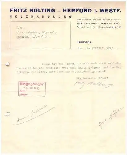 Fritz Nolting in Herford i. Westf. 1938 , Holz - Handlung , Sägewerk , Hannover !!!