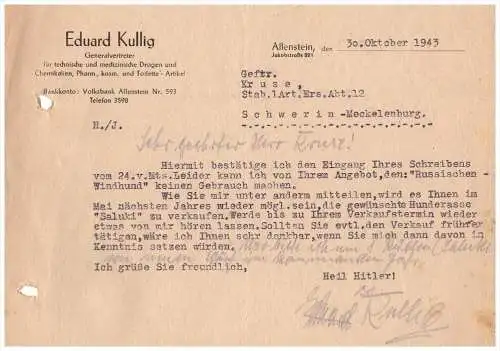 Eduard Kullig in Allenstein 1943 , Vertreter für Drogen , Saluki , Windhunde !!!