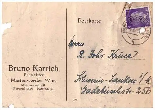 Bruno Karrich in Marienwerder / Kwidzyn , 1943 , Baumeister , Westpreußen !!!