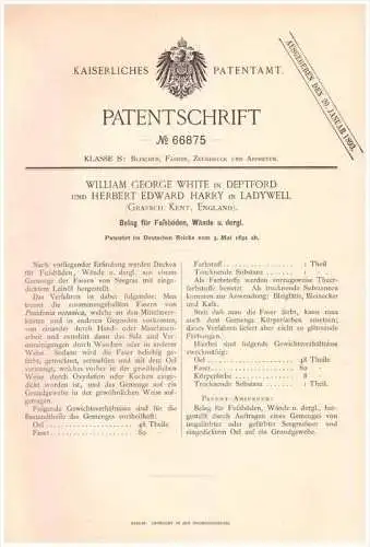 Original Patentschrift -W. White in Deptford and H. Harry in Ladywell , Kent ,1892, Covering made of seagrass for floor