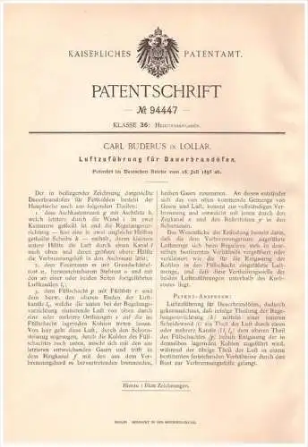 Original Patentschrift - Carl Buderus in Lollar , 1896 , Dauerbrandofen - Luftzufuhr , Heizung , Heizungsbau , Ofen !!!