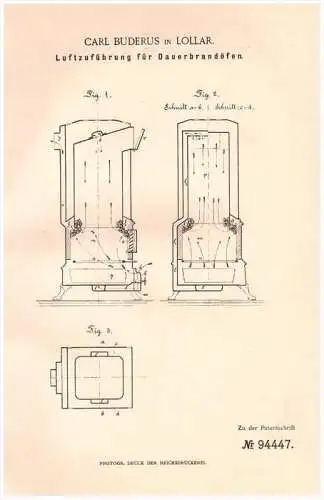 Original Patentschrift - Carl Buderus in Lollar , 1896 , Dauerbrandofen - Luftzufuhr , Heizung , Heizungsbau , Ofen !!!