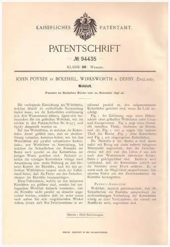 Original Patentschrift - J. Poyser in Bolehill , Wirksworth b. Derby , 1896 , Reed for weaving loom !!!