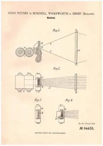 Original Patentschrift - J. Poyser in Bolehill , Wirksworth b. Derby , 1896 , Reed for weaving loom !!!