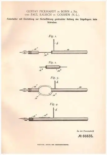 Original Patentschrift - Paul Kalisch in Golßen , 1892 , Federhalter mit Fingerstrecker , G. Pickhardt , Faber , Pelikan