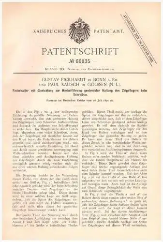 Original Patentschrift - Paul Kalisch in Golßen , 1892 , Federhalter mit Fingerstrecker , G. Pickhardt , Faber , Pelikan