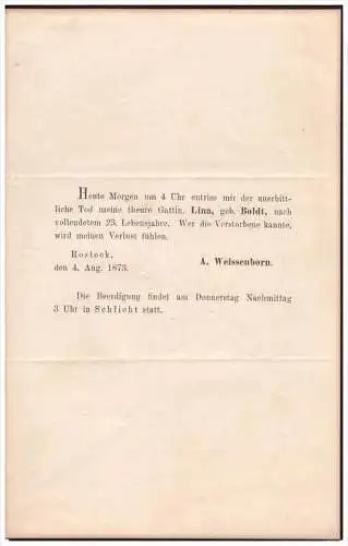 Schreiben von 1873 - A. Weissenborn - Boldt in Rostock , Schlicht b. Feldberg , Mecklenburg !!!