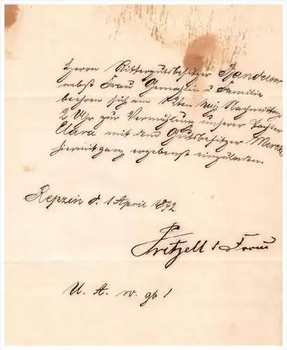 Schreiben von 1872 - Rittergutsbesitzer in Repzin b. Karrenzin , Mercker , Pritzell , Mecklenburg !!!