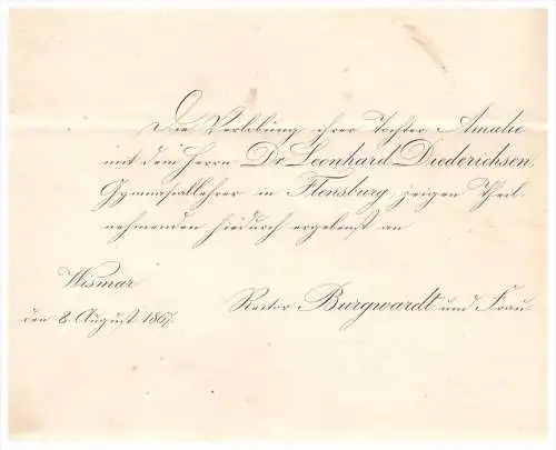Schreiben von 1867 - Dr. L. Diederichsen , Pastor Burgwardt in Wismar , Mecklenburg , Flensburg !!!